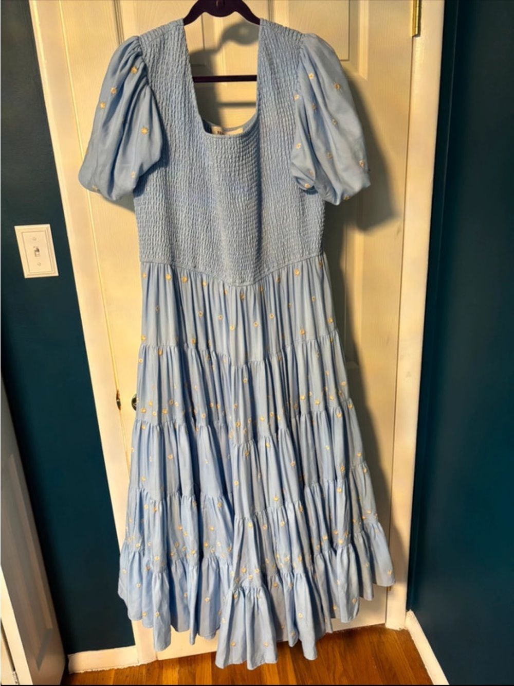 JessaKae Light Blue Puff-Sleeve Smocked Dress with Yellow Floral Embroidery